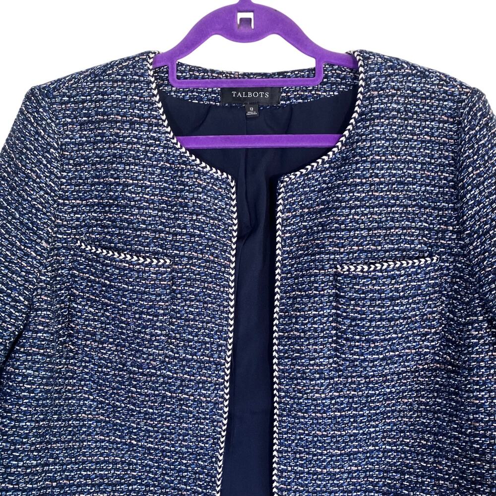Talbots Sz 12 Airy Tweed Woven Jacket Open Front Fringe Trim Navy Classic - Picture 4 of 16